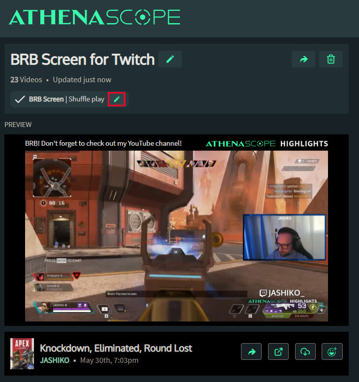 set a playlist from athenascope as start now video for twitch