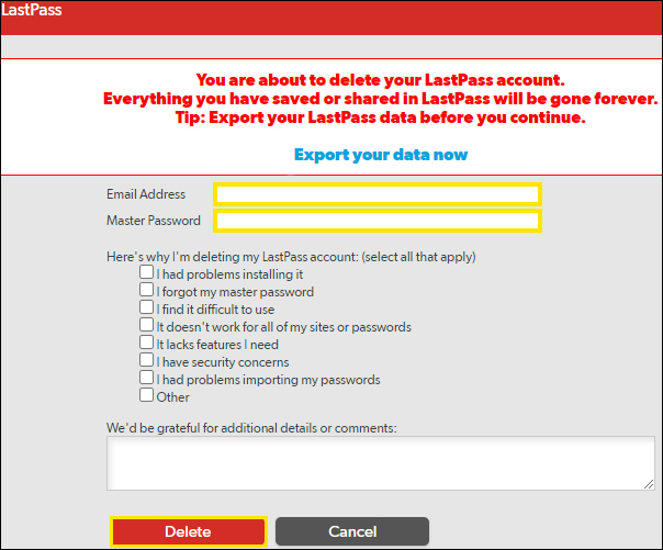 how to delete your lastpass account