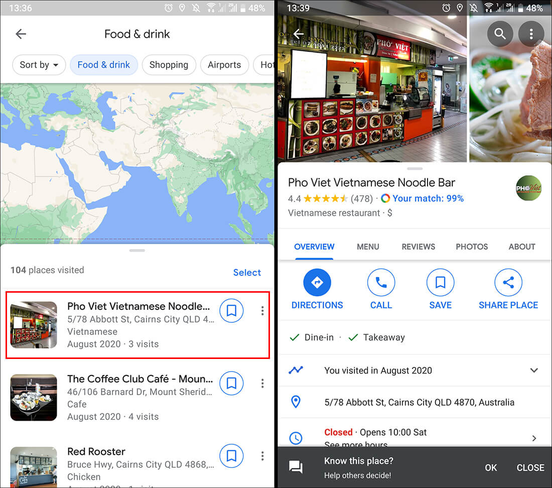 how to view your resturant history google maps