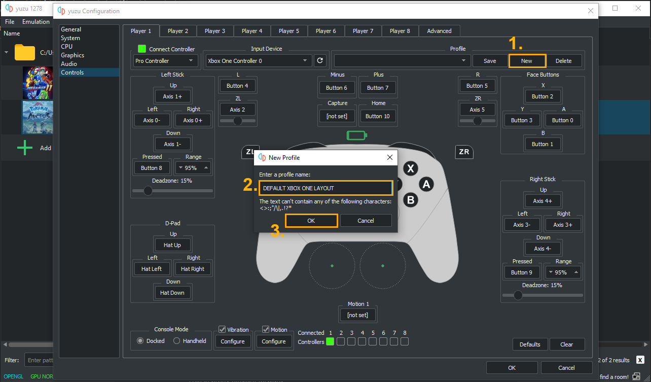 How do you set different controller profiles layouts for different games in YuZu