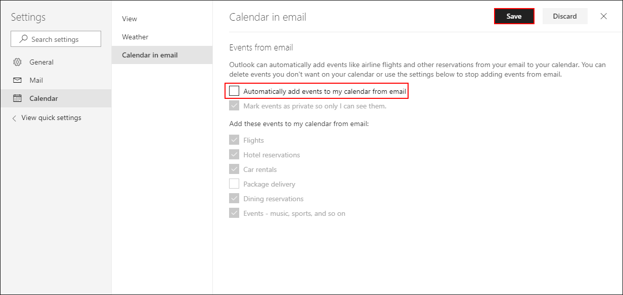 how do you stop email content being added to outlook calendar