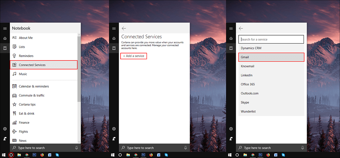 how do you connect services to cortana