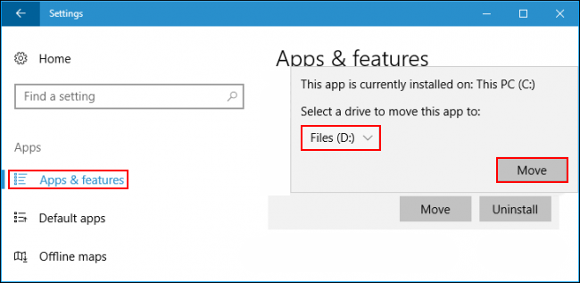 How to move windows default apps to a new location