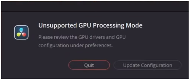 Unsupported GPU Error. Unsupported GPU Processing Mode - Please review the GPU drivers and GPU configuration under preferences.