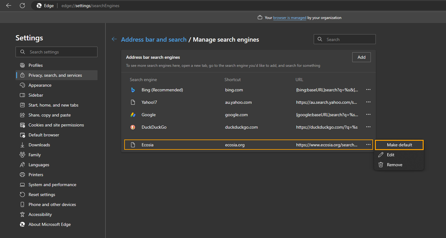 Set Ecosia as the default search engine in Microsoft Edge