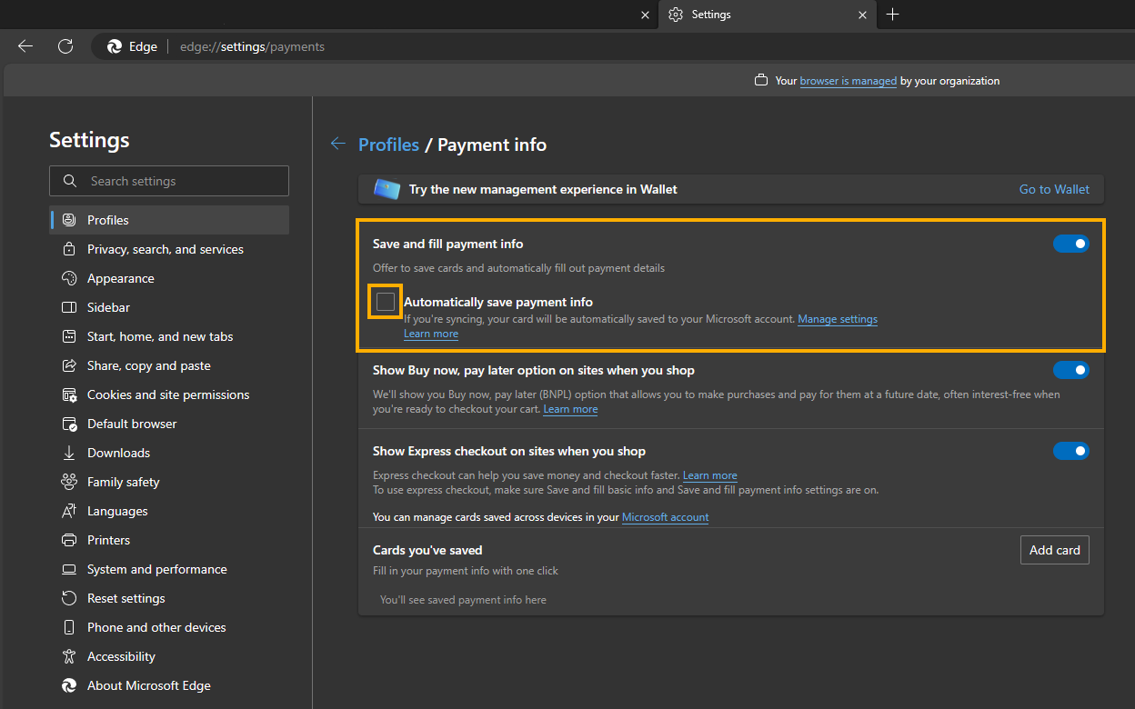 Stop Microsoft Edge Asking to Save Payment Info on Edge