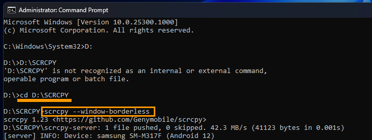 How to open SCRCPY in a borderless Window.