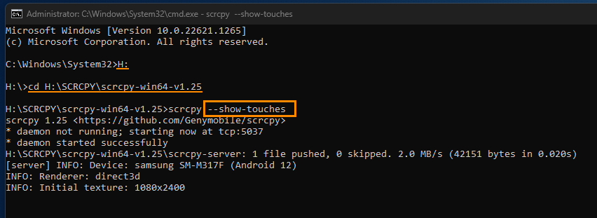 Enable Show touches in SCRCPY