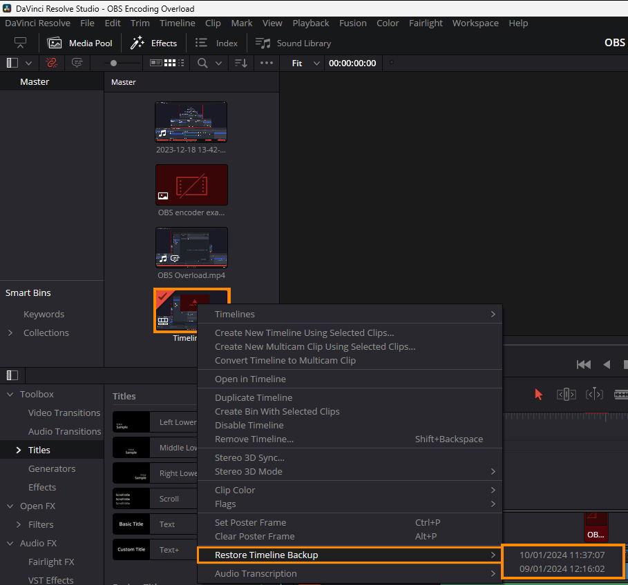 Restore a Timeline Backup in Davinci Resolve