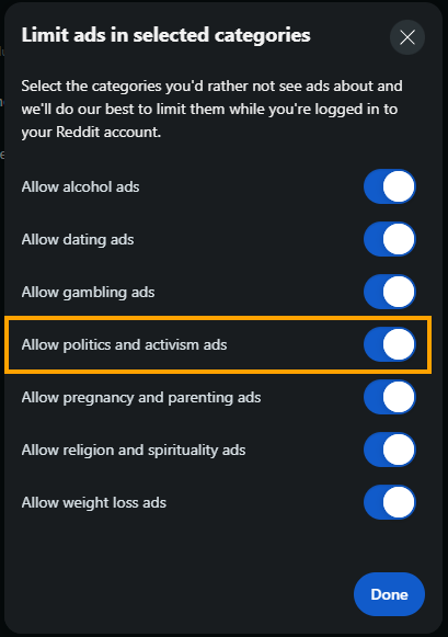 Disable Block Political Ads on Reddit