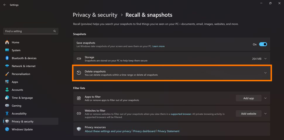 How do delete Windows recall data