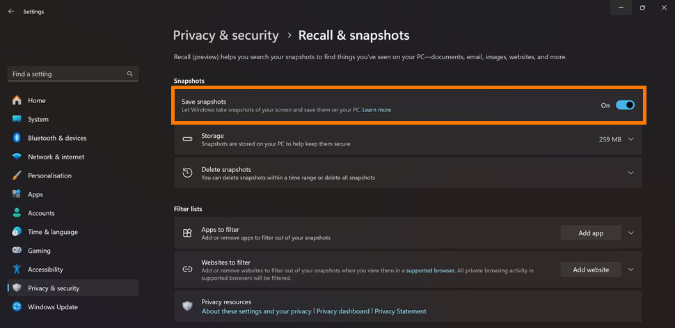 disable windows recall
