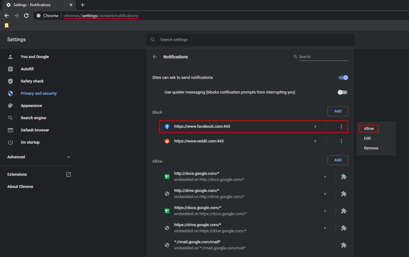 fix no notifications from facebook chrome