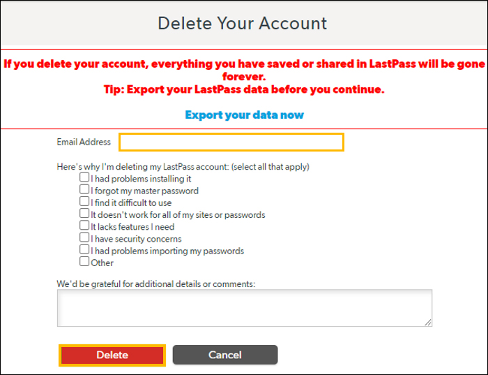 delete your lastpass account