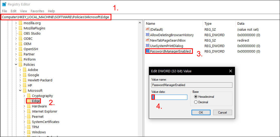 disable password saving from registry editor