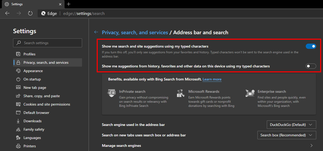 how to hide search suggestions edge microsoft