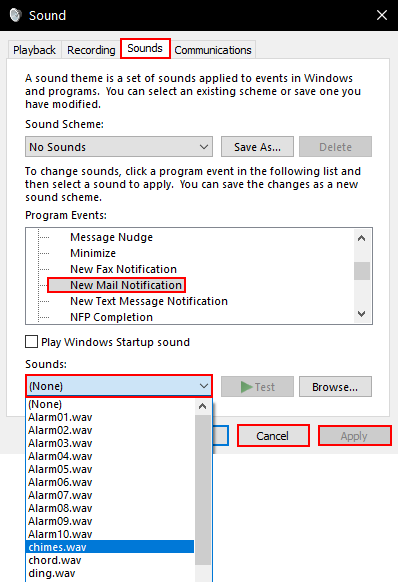 disable email notification sounds on windows 10