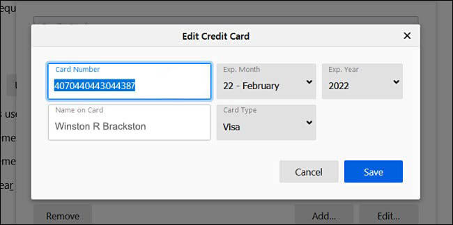 firefox delete remove edit change stored credit card information