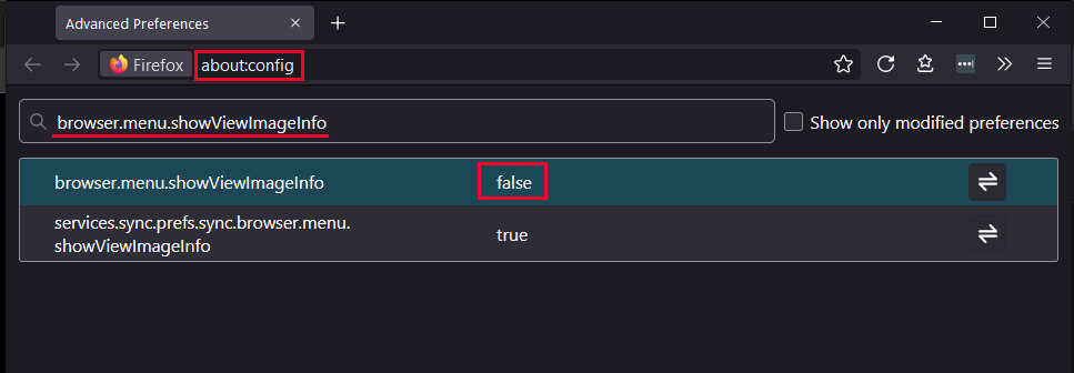 restore view image info option firefox