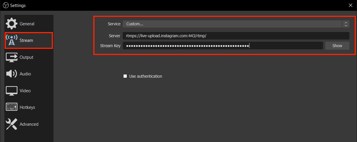 stream to instagram live with obs