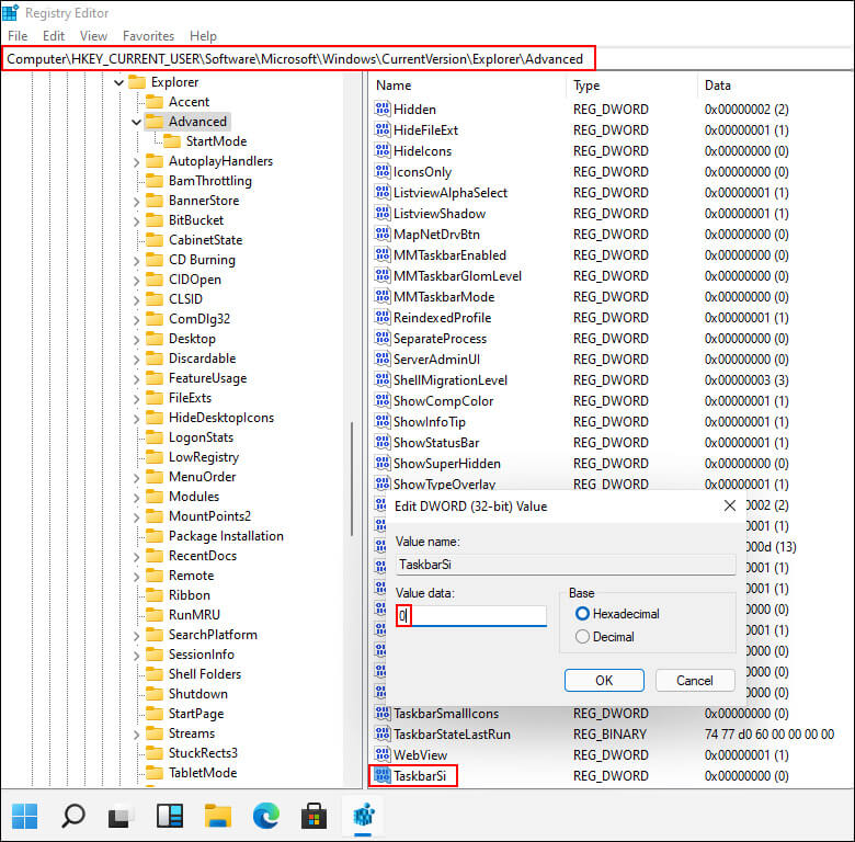 windows 11 customise using registry editor