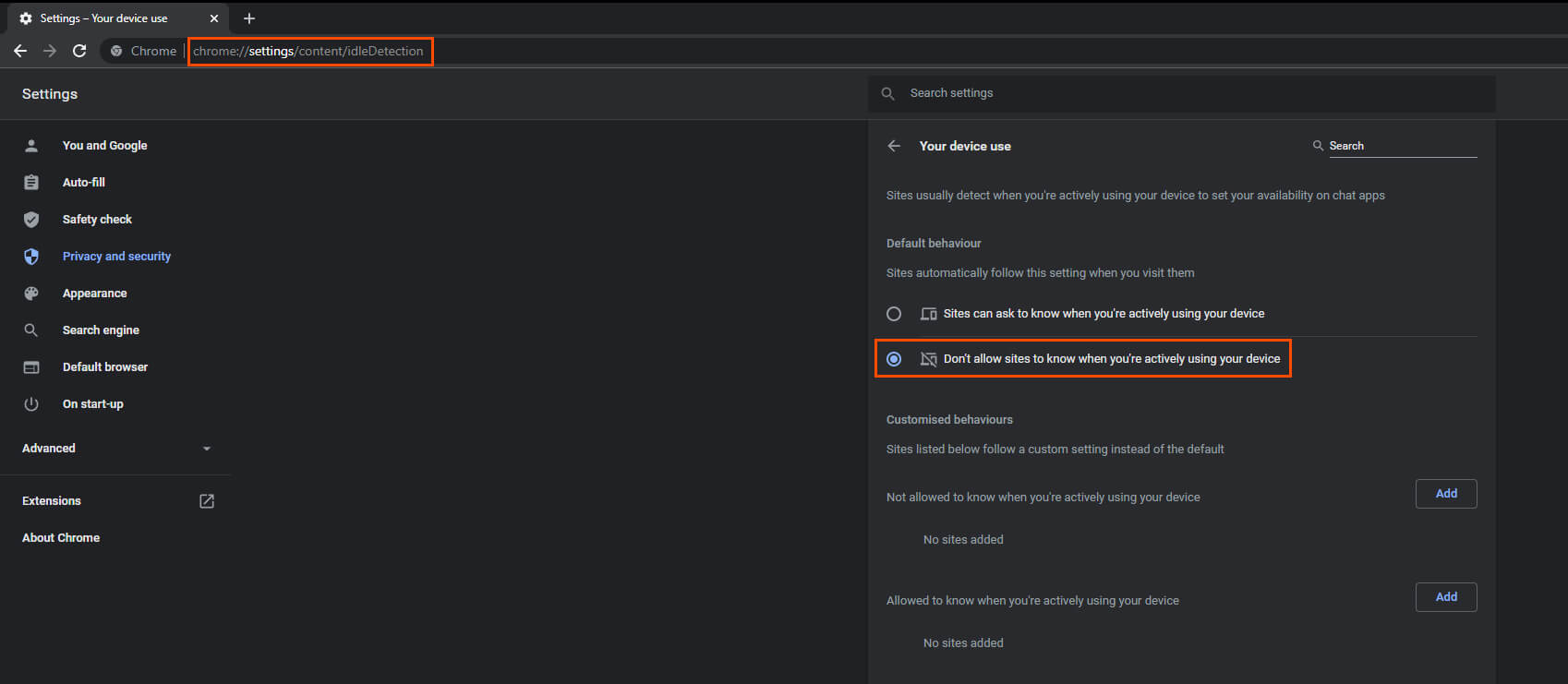 disable idle protection in google chrome
