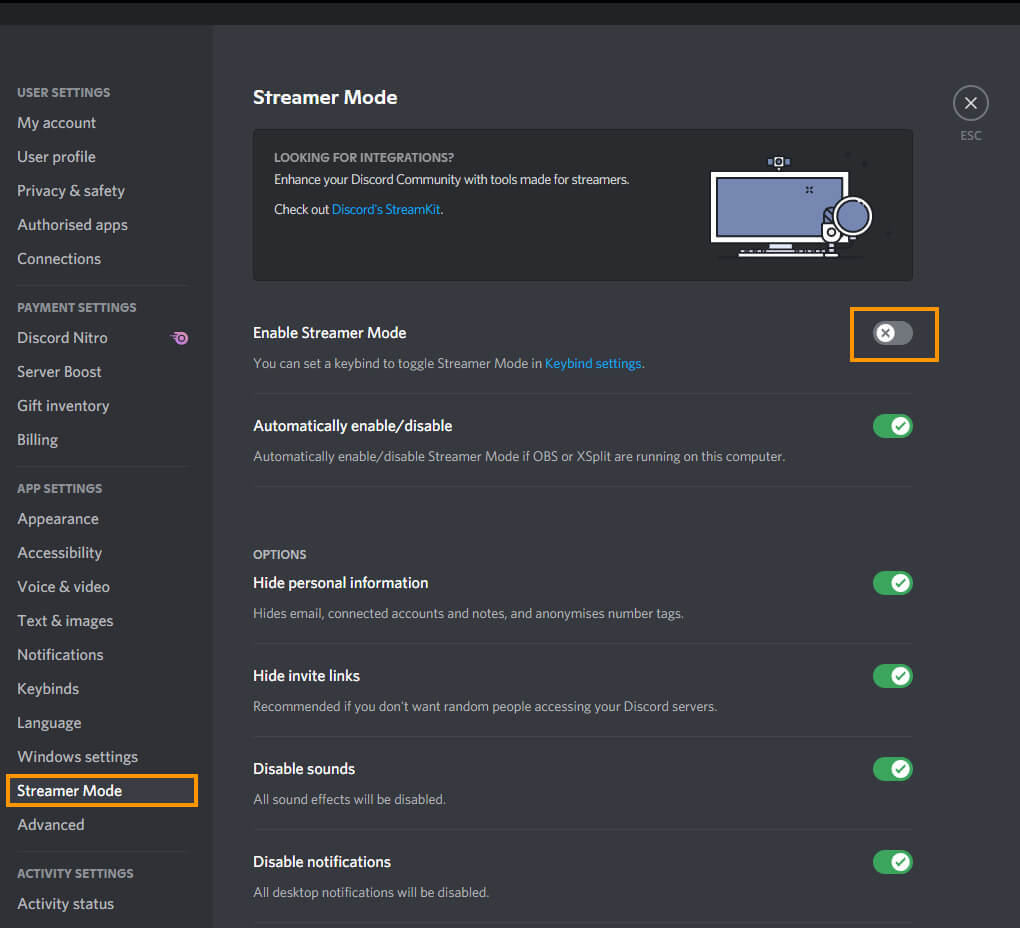 How to enable or disable Streamer Mode in Discord.