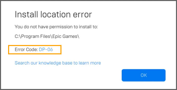 Fix Epic Games error code DP 06 Install location error fix