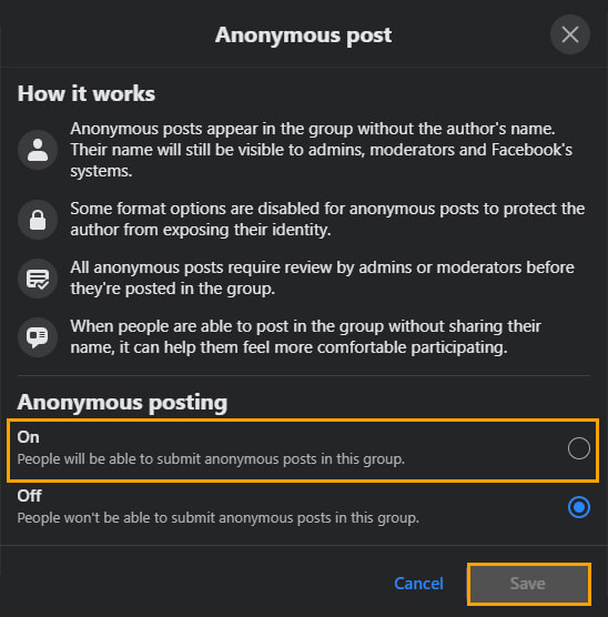 how to enable anonymous posting in facebook groups