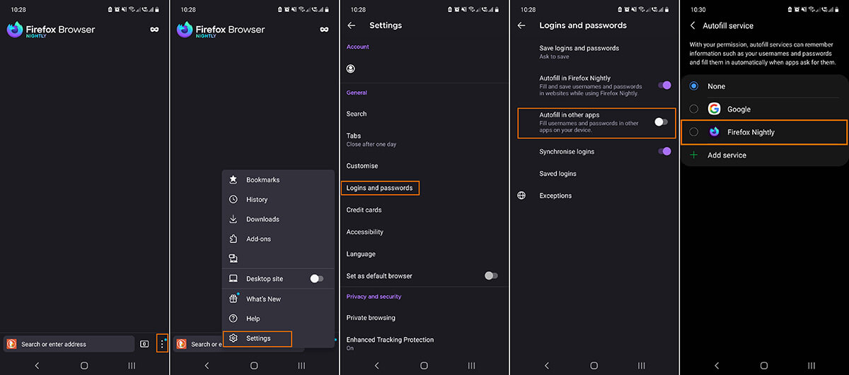 enable firefox autofill passwords in other apps on android