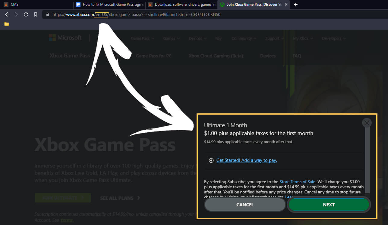 cant sign up to game pass keeps going back to us website