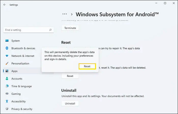 reset wsa settings on windows 11