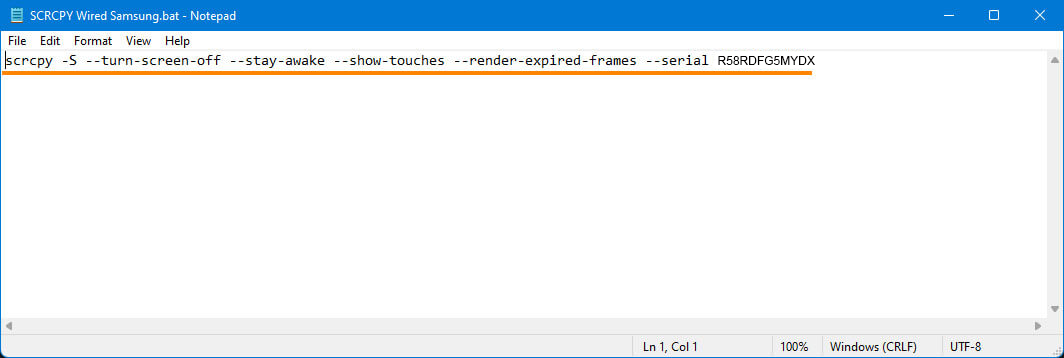 scrcpy how to create a batch file for commands