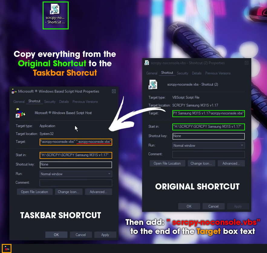 how to create a scrcpy no console taskbar shortcut