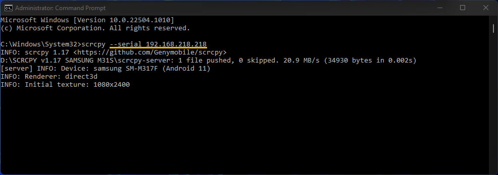 scrcpy wireless with two devices connected