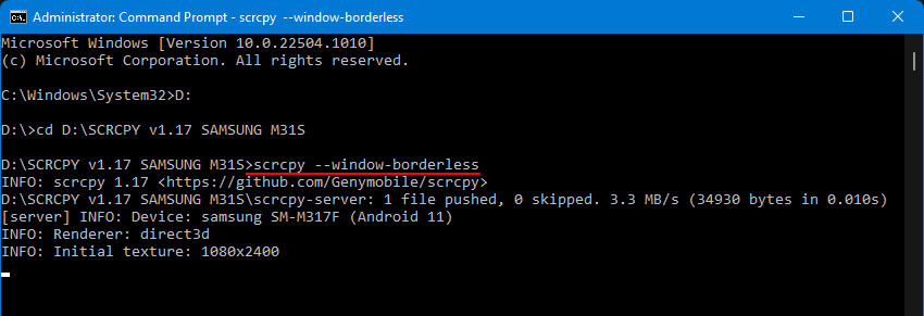 how to enter scrcpy commands to console window