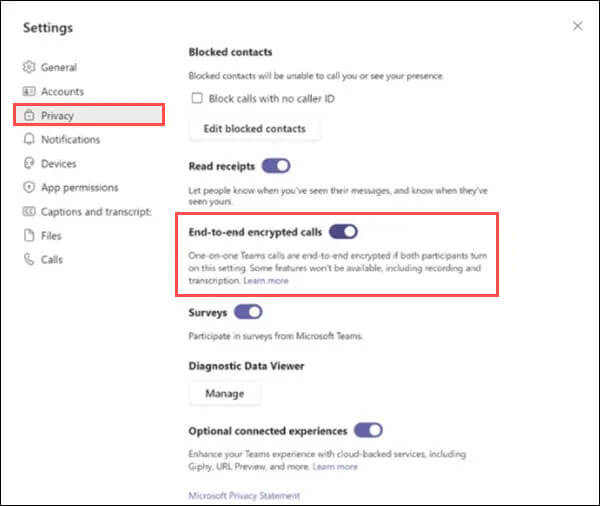 enable end to end encryption in microsoft Teams