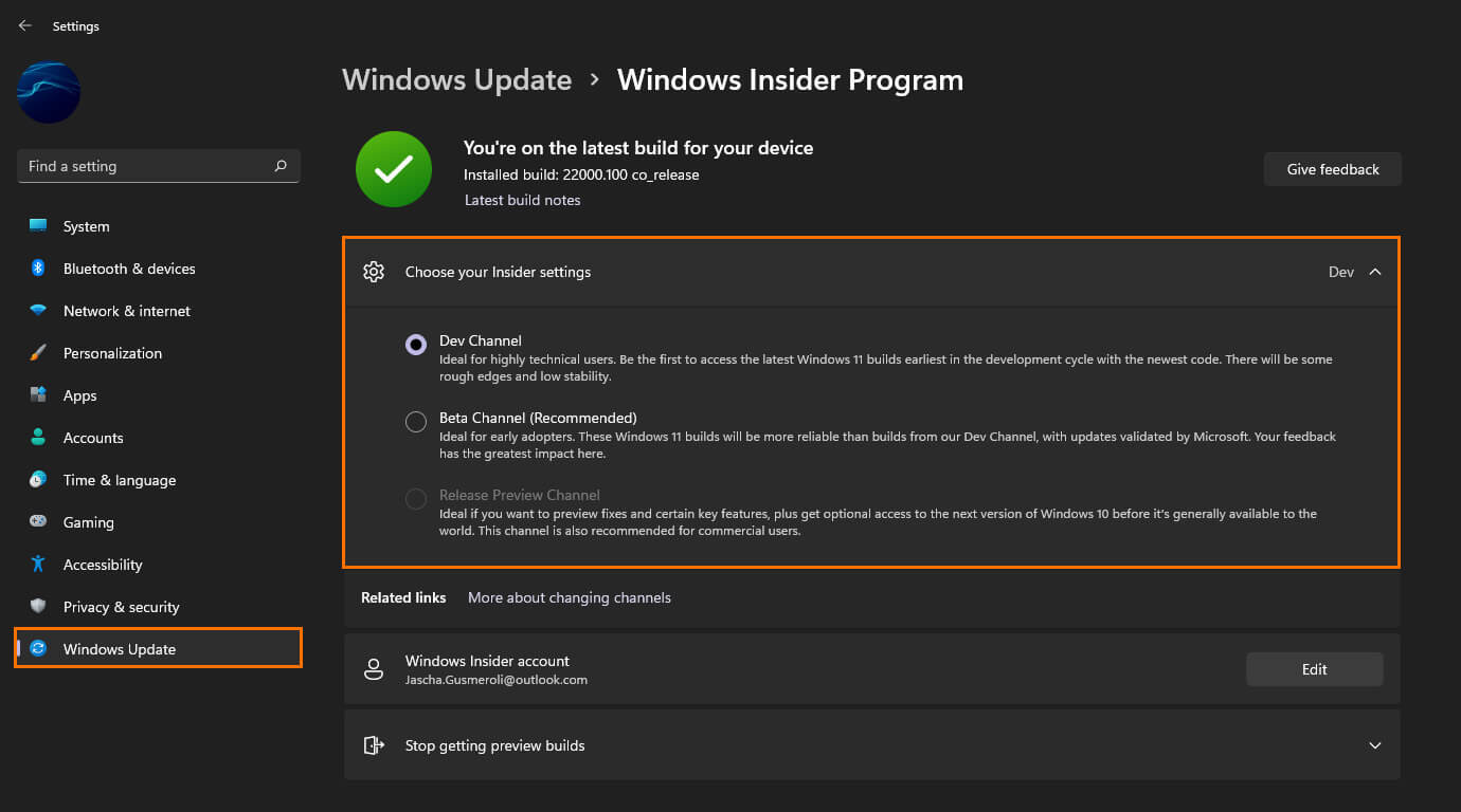 windows 11 change from beta channel to dev channel
