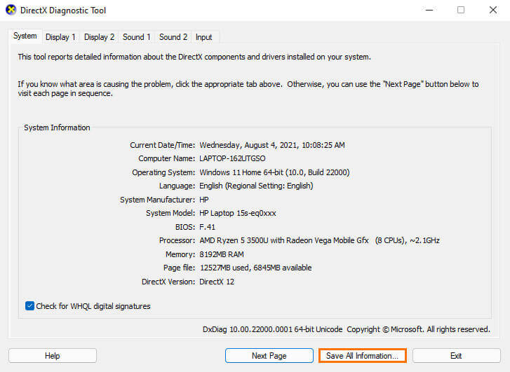 Windows 11 DirectX Diagnostic Tool