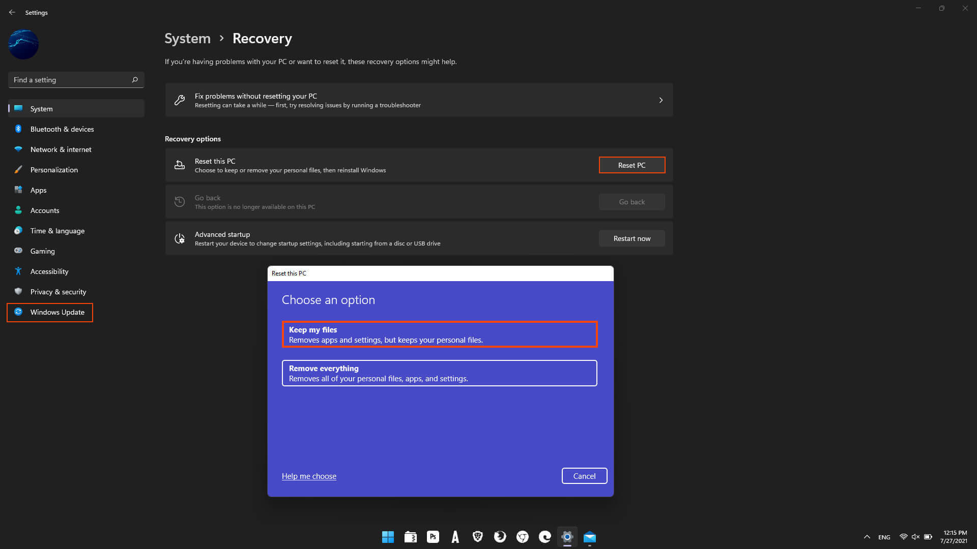 how to reset windows 11 keeping files