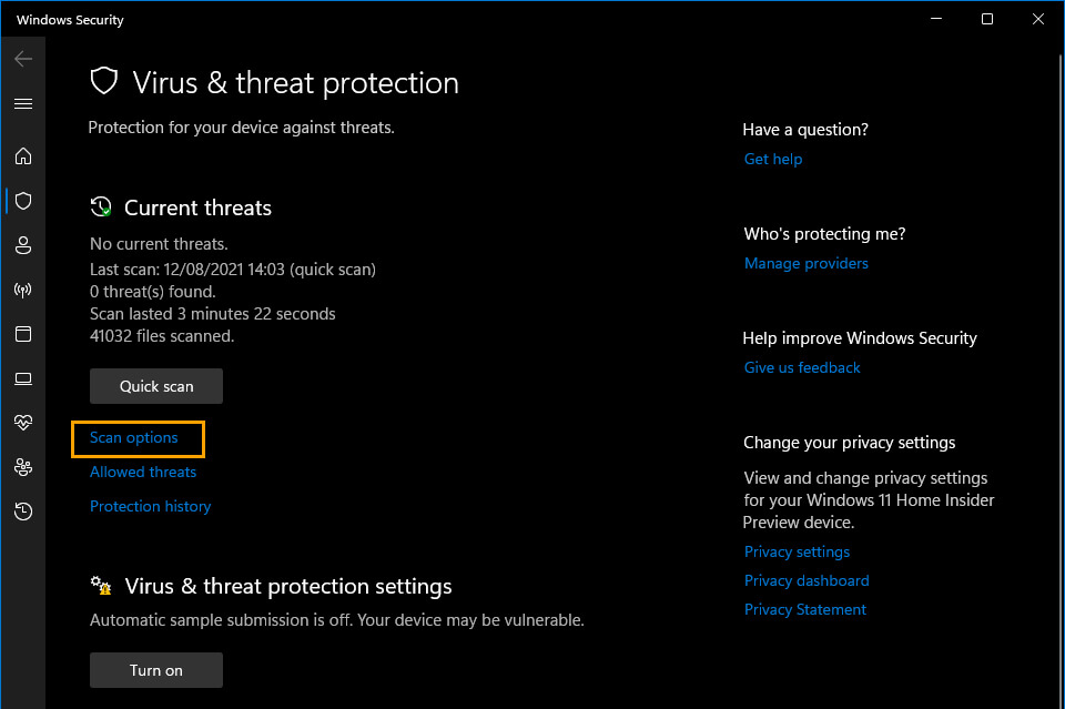 Windows 11 full defender virus scan location