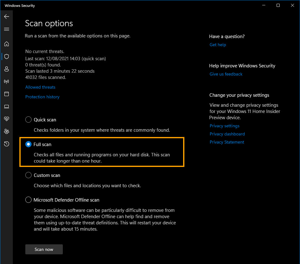 Windows 11 where is full virus scan located