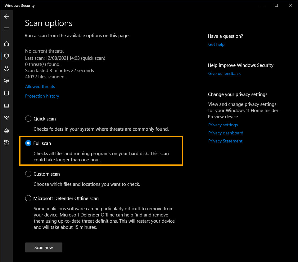 Windows 11 where is full virus scan located