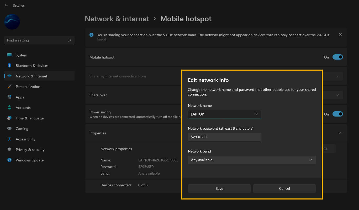 Windows 11 enable a mobile hotspot