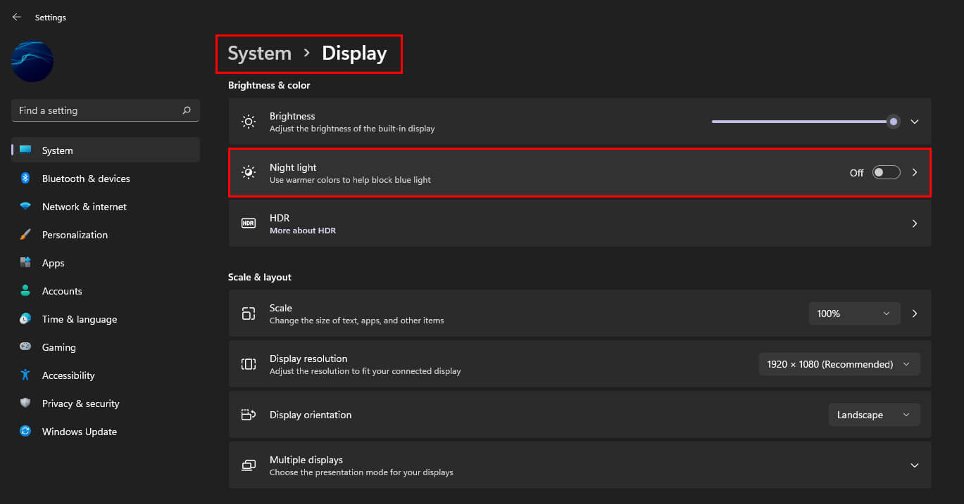 windows 11 night light enable disable