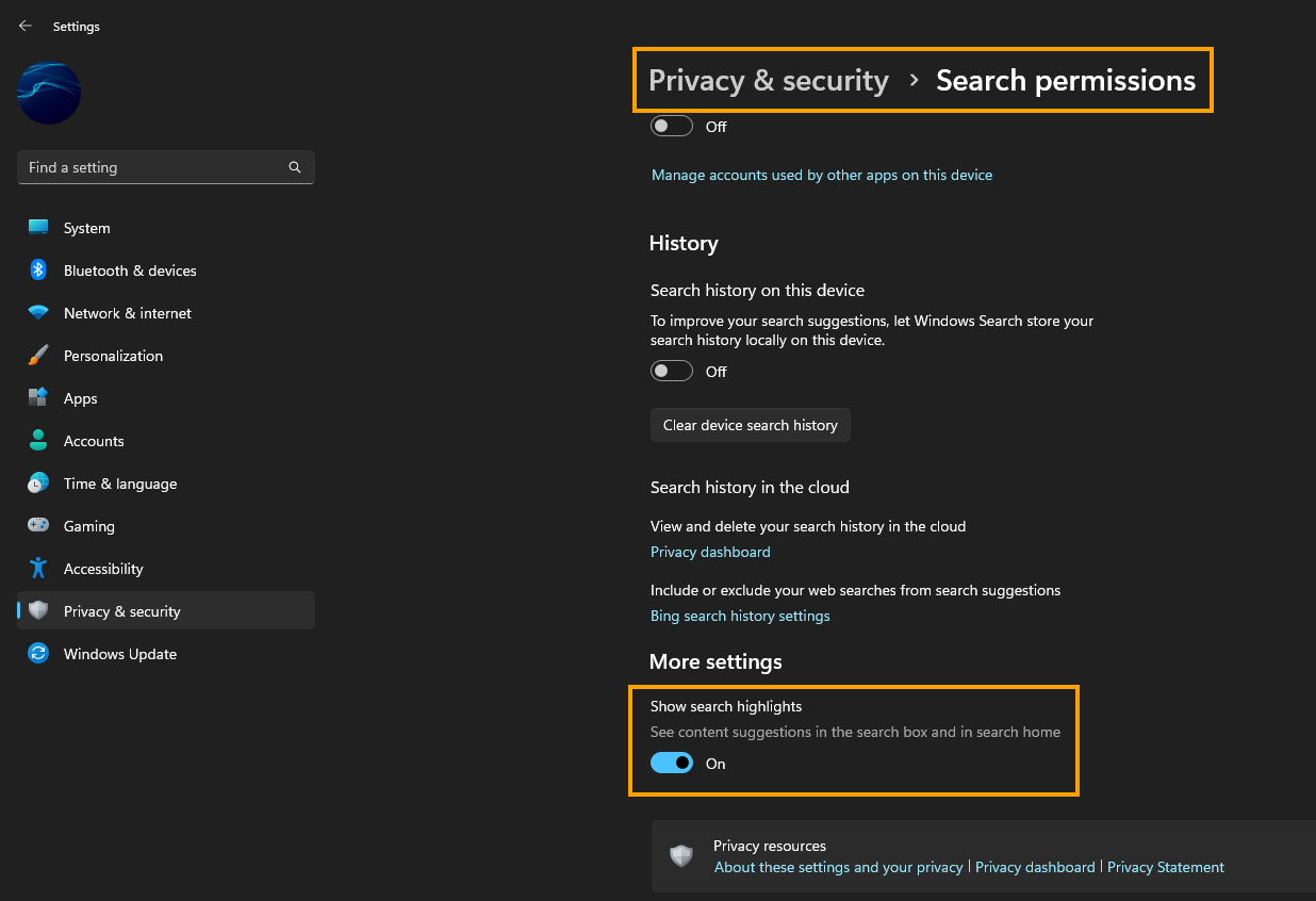 Windows 11 Search Highlights disable