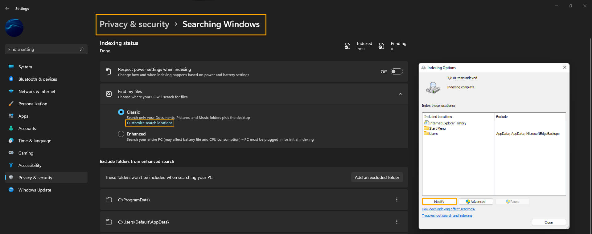 windows 11 search indexing options change