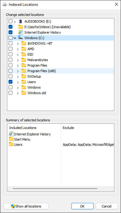 windows 11 change search indexing options