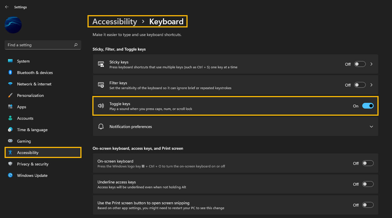 Windows 11 enable toggle key sounds how to 