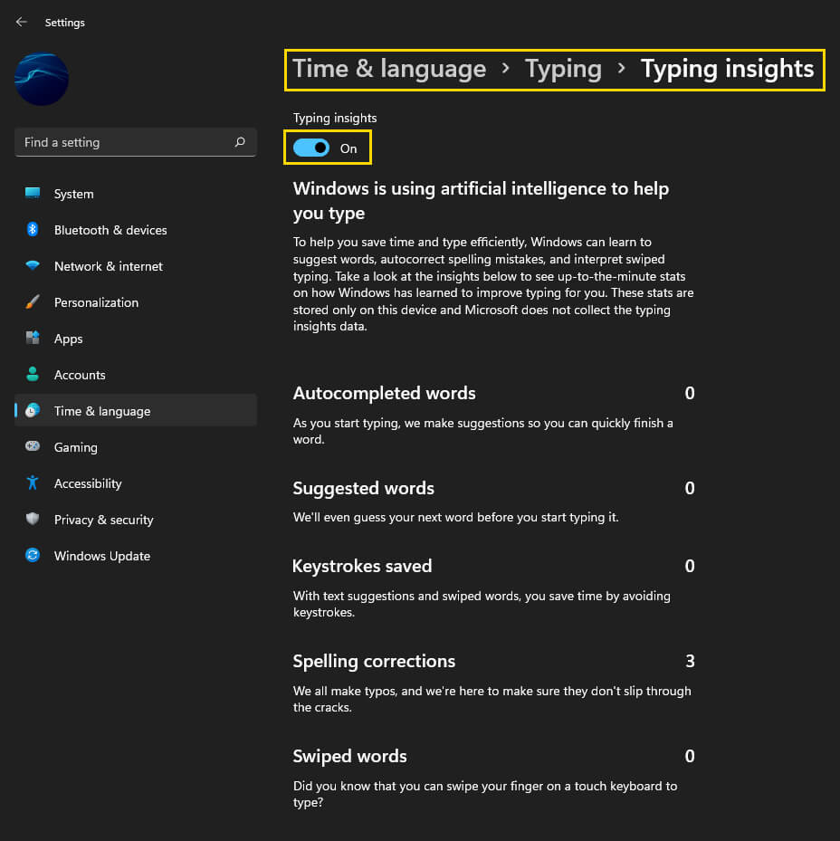 Windows 11 typing insights predictive text